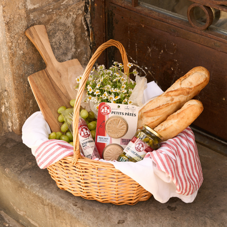 Wicker basket with bread, cheese, and flowers on a stone step