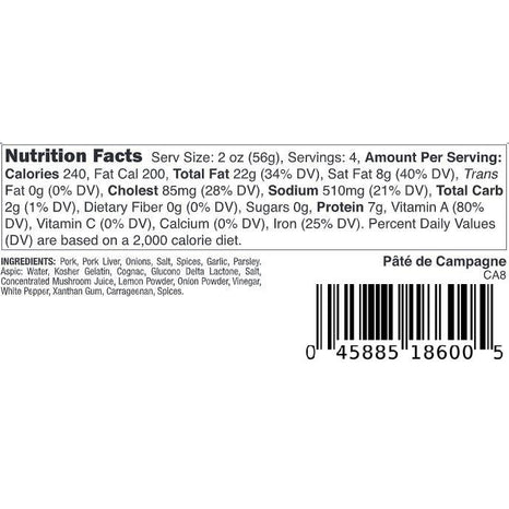 Nutrition facts of Pate De Campagne.